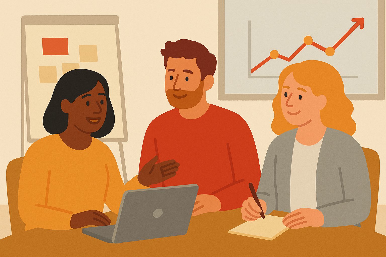 Illustration im Flat-Design: Drei diverse Personen (eine Schwarze Frau, ein weißer Mann, eine weiße Frau) sitzen in einem freundlichen Besprechungsraum an einem Tisch. Die Frau links erklärt etwas an einem Laptop, der Mann in der Mitte hört aufmerksam zu, die Frau rechts macht sich Notizen. Im Hintergrund sind ein Flipchart mit Notizzetteln und ein Diagramm mit aufsteigender Kurve zu sehen. Warme Farben in Beige, Hellgrau und AWO-Rot schaffen eine kooperative und lösungsorientierte Atmosphäre.