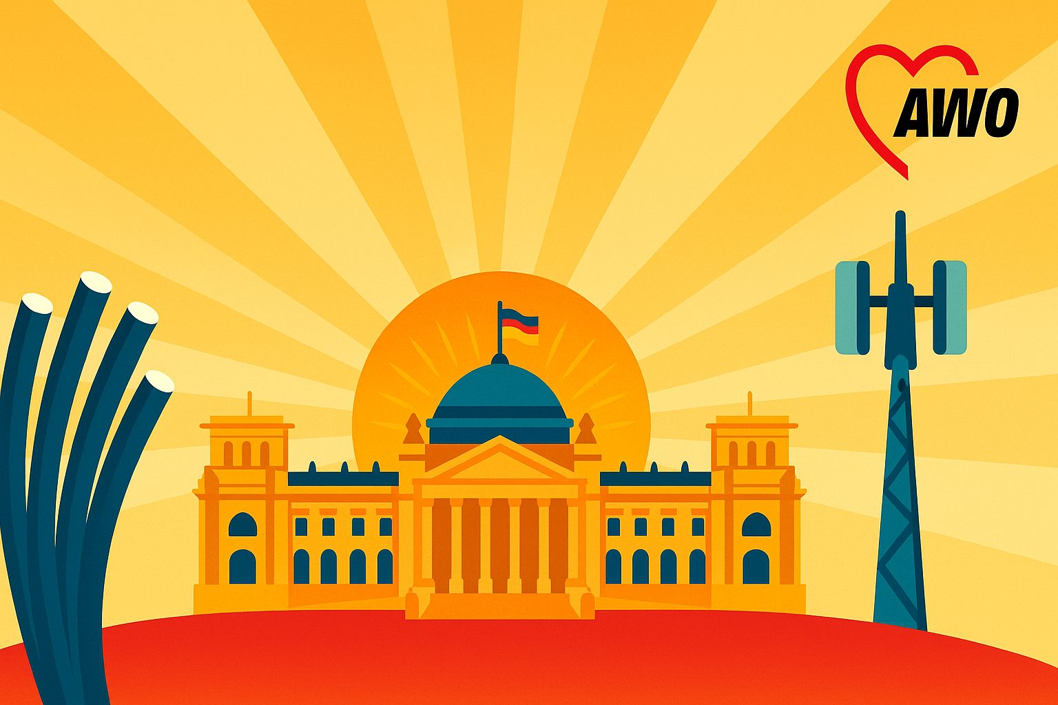 Moderne Vektorillustration im AWO-Corporate-Design: Zentral der Reichstag vor einem leuchtenden Sonnenaufgang, links angedeutete Glasfaserkabel, rechts ein 5G-Mast. In der oberen rechten Ecke das AWO-Logo auf weißem Schutzraum. Warme Gelb- und Rottöne vermitteln Dynamik und Aufbruchsstimmung